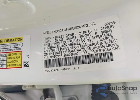 2019 Honda Accord Lx z USA, uszkodzony, nr VIN 1HGCV1F19KA059292